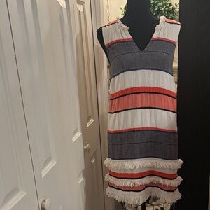Striped Sleeveless Dress with Fringe - Cream, Blue, Coral